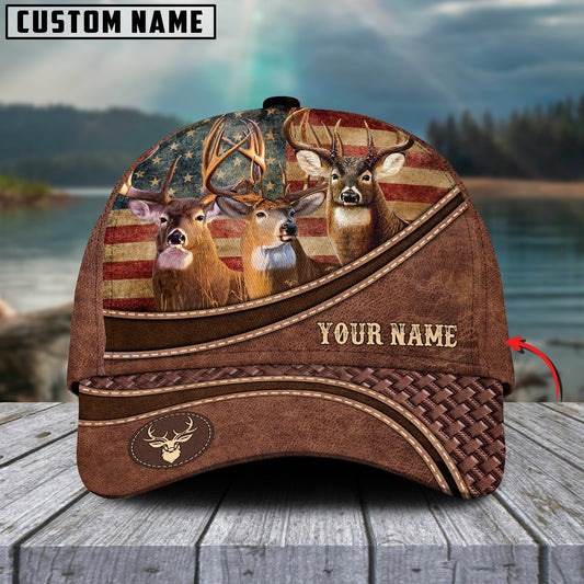 Novacare Deer US Flag Personalized Name Brown Carving Leather Pattern 3D Classic Cap