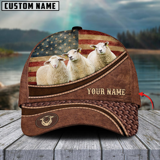 Novacare Sheep US Flag Personalized Name Brown Carving Leather Pattern 3D Classic Cap