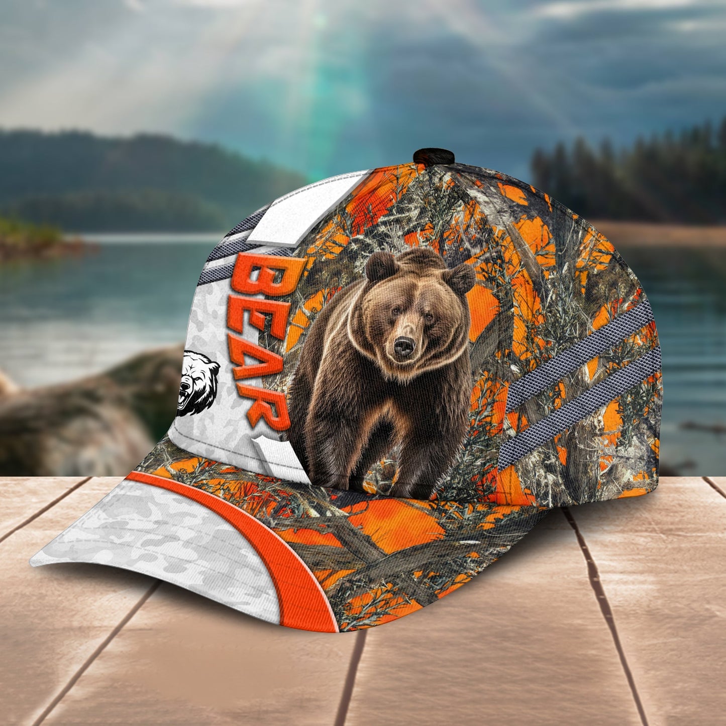 Novacare Bear Hunting Customized Name Orange Lava Pattern 3D Classic Cap
