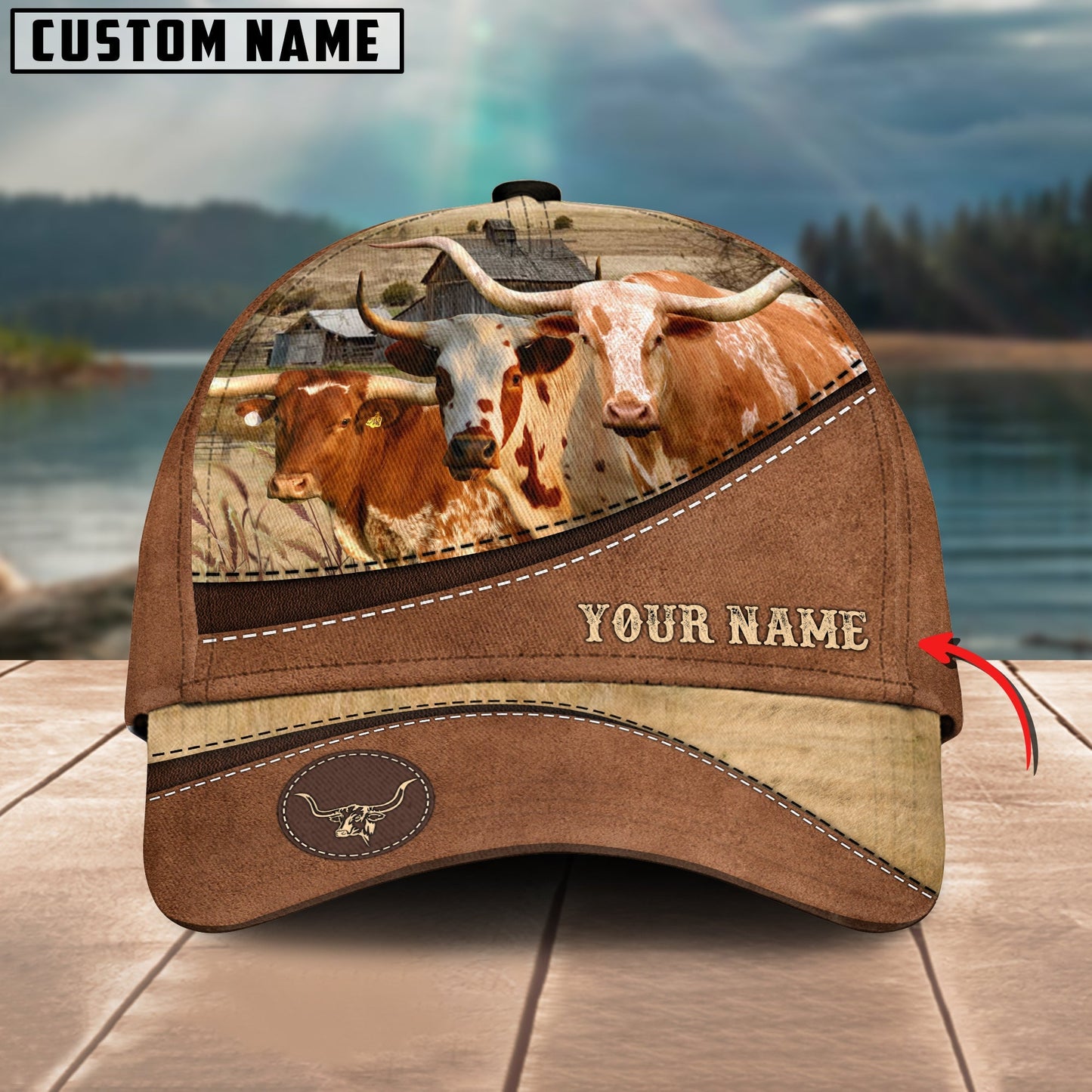 Novacare Texas Longhorn Brown Leather Pattern Customized Name 3D Classic Cap