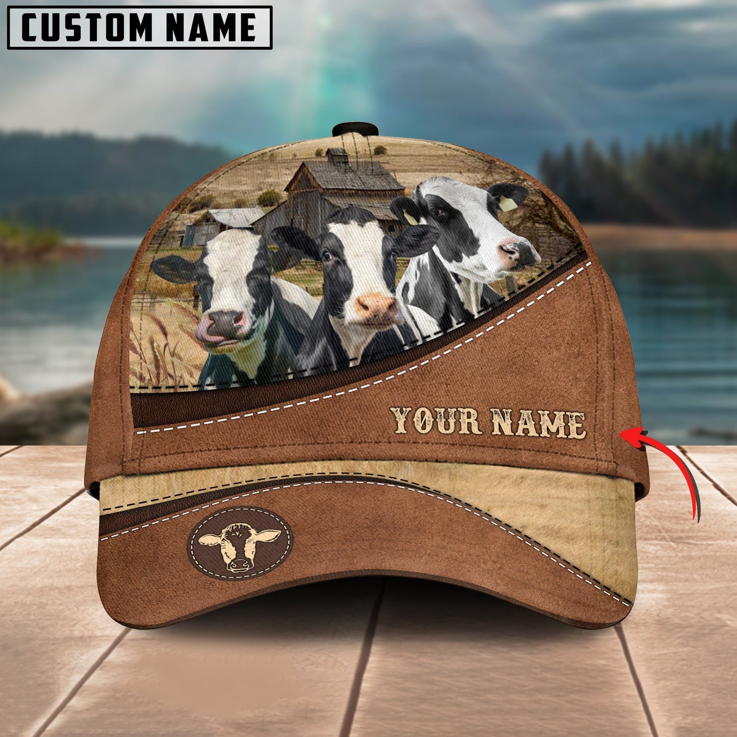 Novacare Holstein Brown Leather Pattern Customized Name 3D Classic Cap