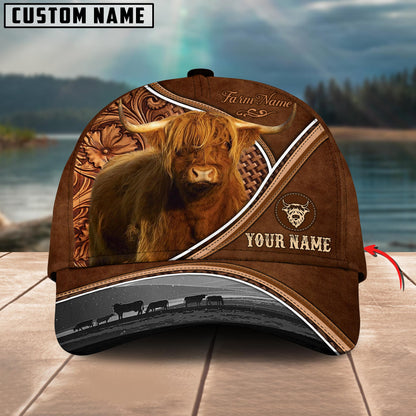 Novacare Highland Personalized Farm Name Brown Carving Leather Pattern 3D Classic Cap