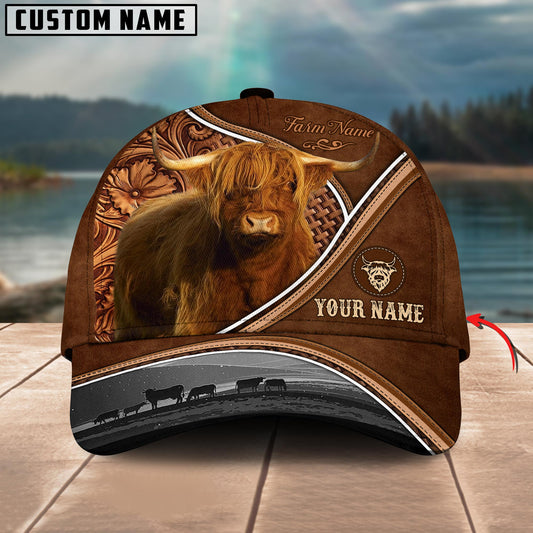 Novacare Highland Personalized Farm Name Brown Carving Leather Pattern 3D Classic Cap