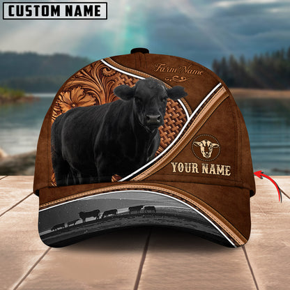 Novacare Black Angus Personalized Farm Name Brown Carving Leather Pattern 3D Classic Cap