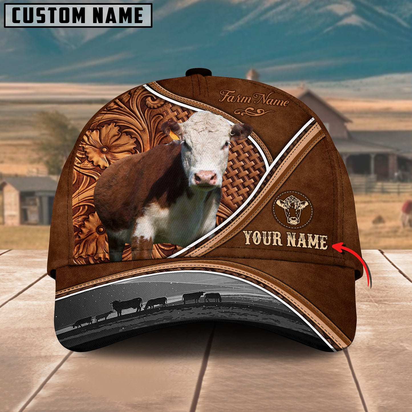Novacare Hereford Personalized Farm Name Brown Carving Leather Pattern 3D Classic Cap