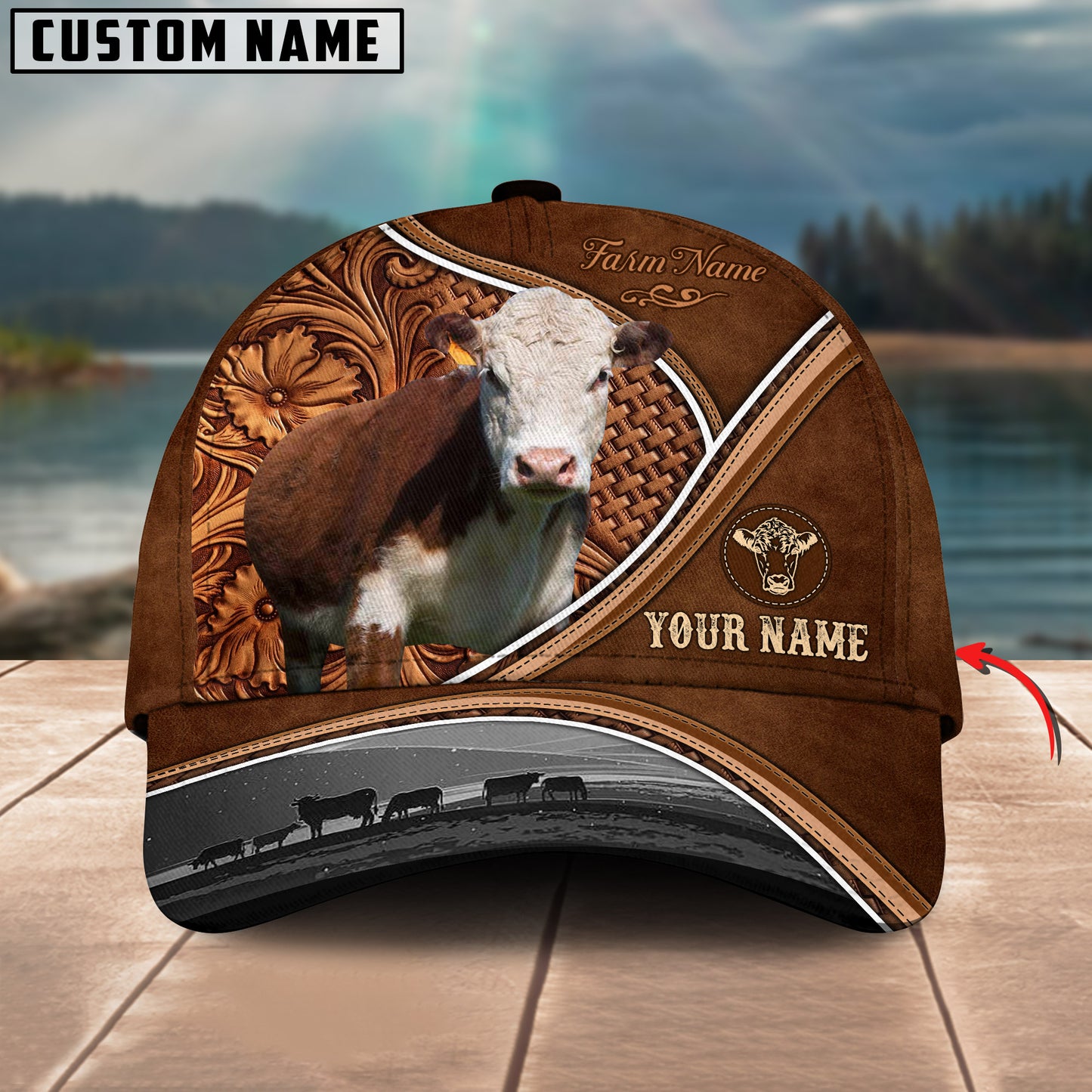 Novacare Hereford Personalized Farm Name Brown Carving Leather Pattern 3D Classic Cap