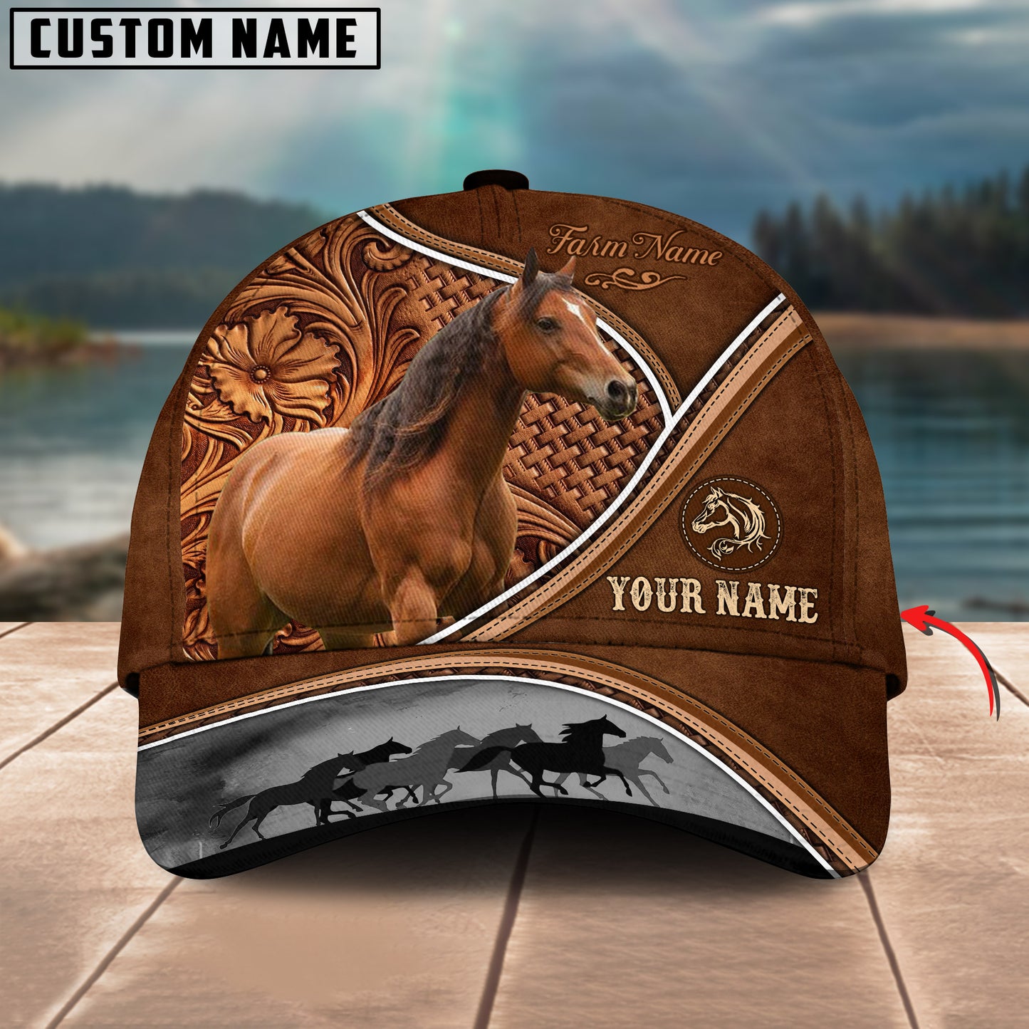 Novacare Horse Personalized Farm Name Brown Carving Leather Pattern 3D Classic Cap