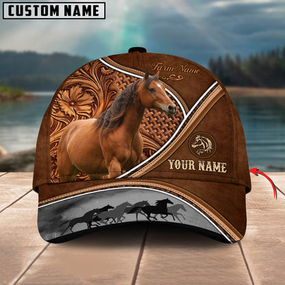 Novacare Horse Personalized Farm Name Brown Carving Leather Pattern 3D Classic Cap
