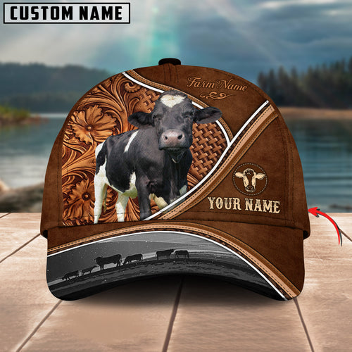 Novacare Holstein Personalized Farm Name Brown Carving Leather Pattern 3D Classic Cap