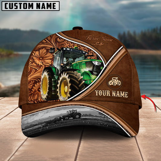 Novacare John Deere Tractor Personalized Name Brown Carving Leather Pattern 3D Classic Cap