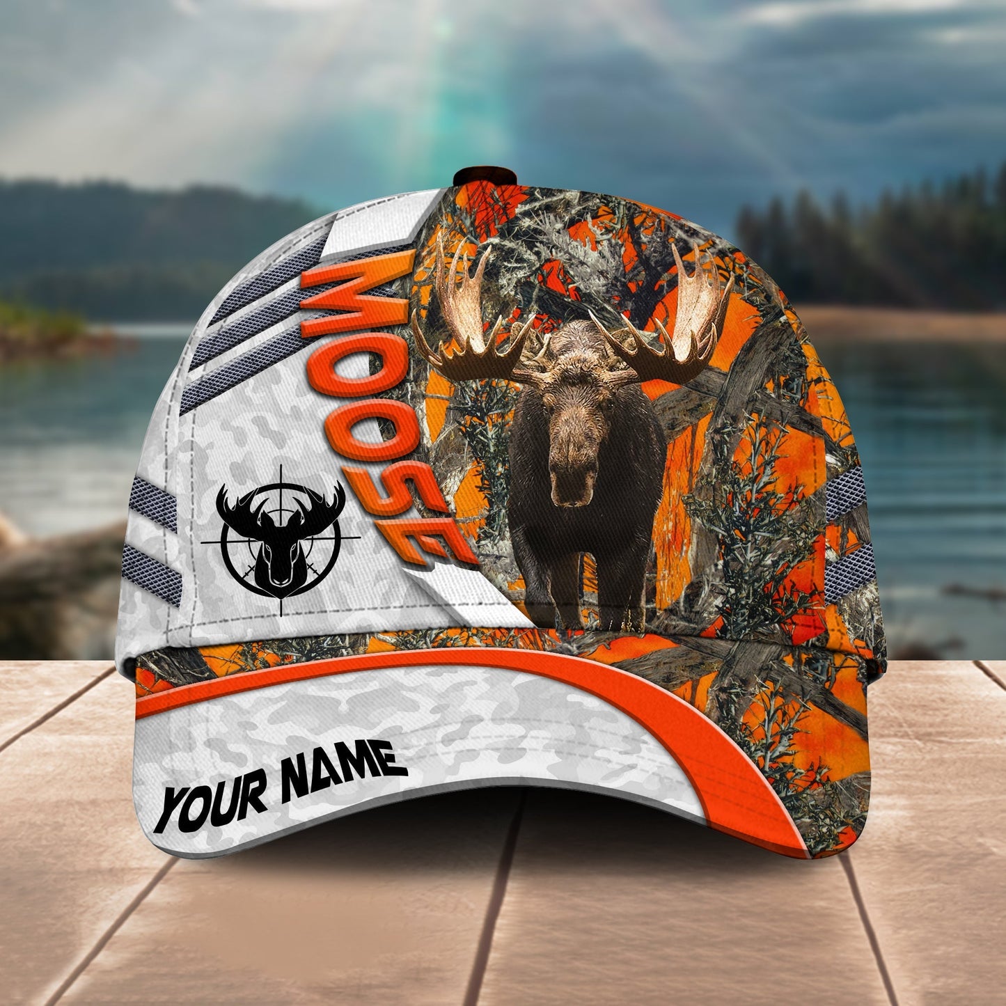 Novacare Moose Deer Hunting Customized Name Orange Lava Pattern 3D Classic Cap