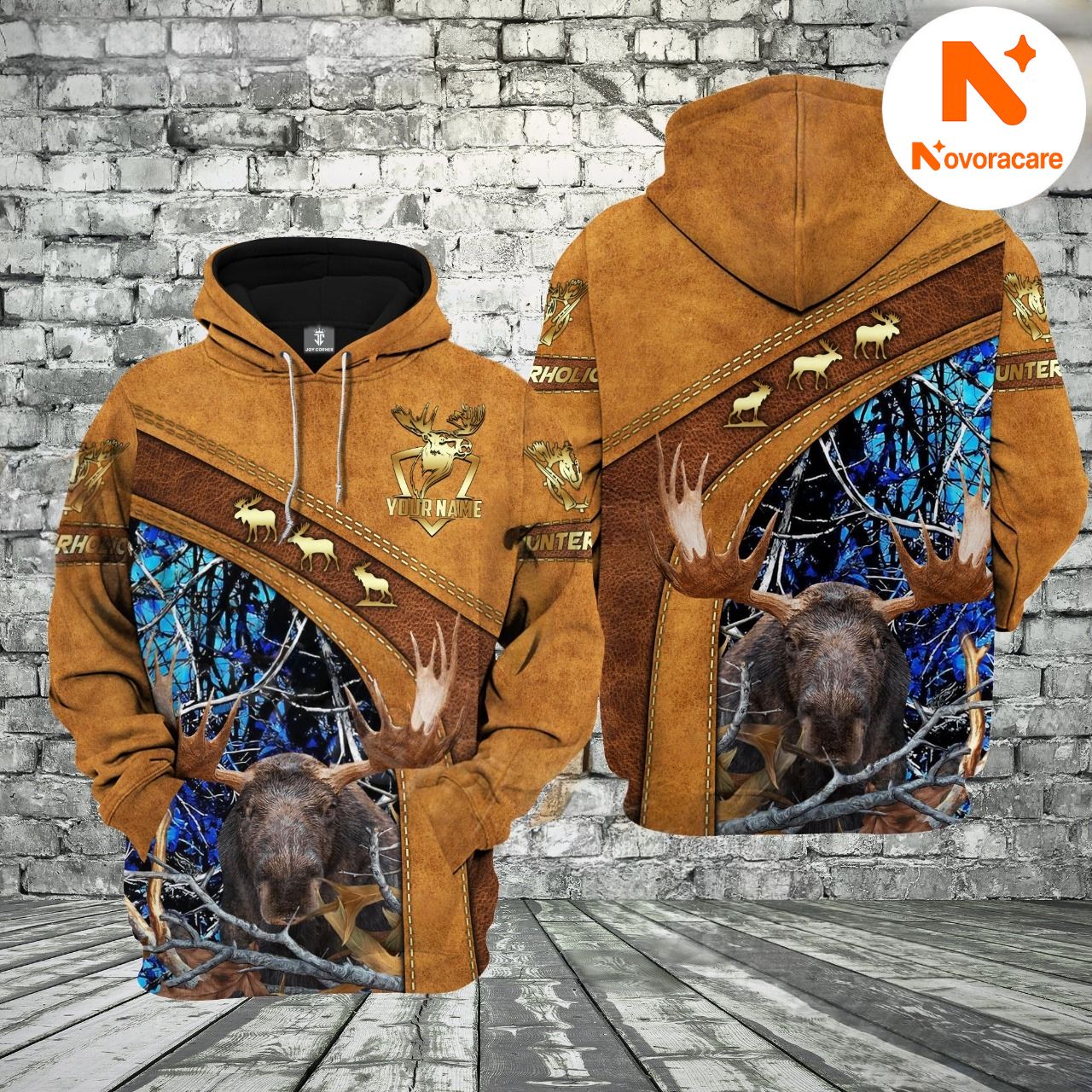 Novoracare Brown Leather Style Moose Hunting Custom Name Hunter Apparel With Blue Camo 3D Hoodie All Over Printed Clothes