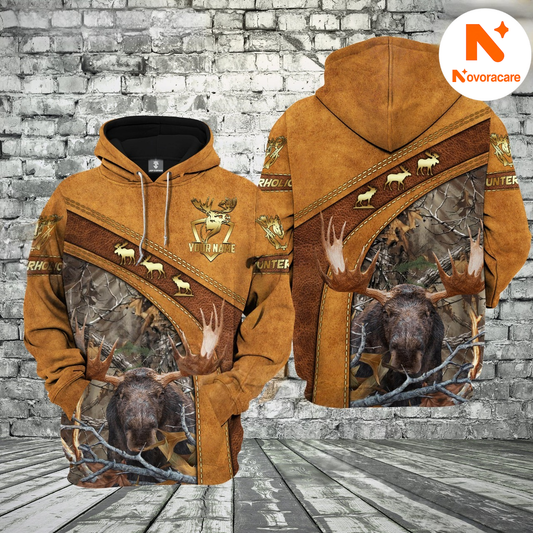 Novoracare Brown Leather Style Moose Hunting Custom Name Hunter Apparel With Brown Camo 3D Hoodie All Over Printed Clothes