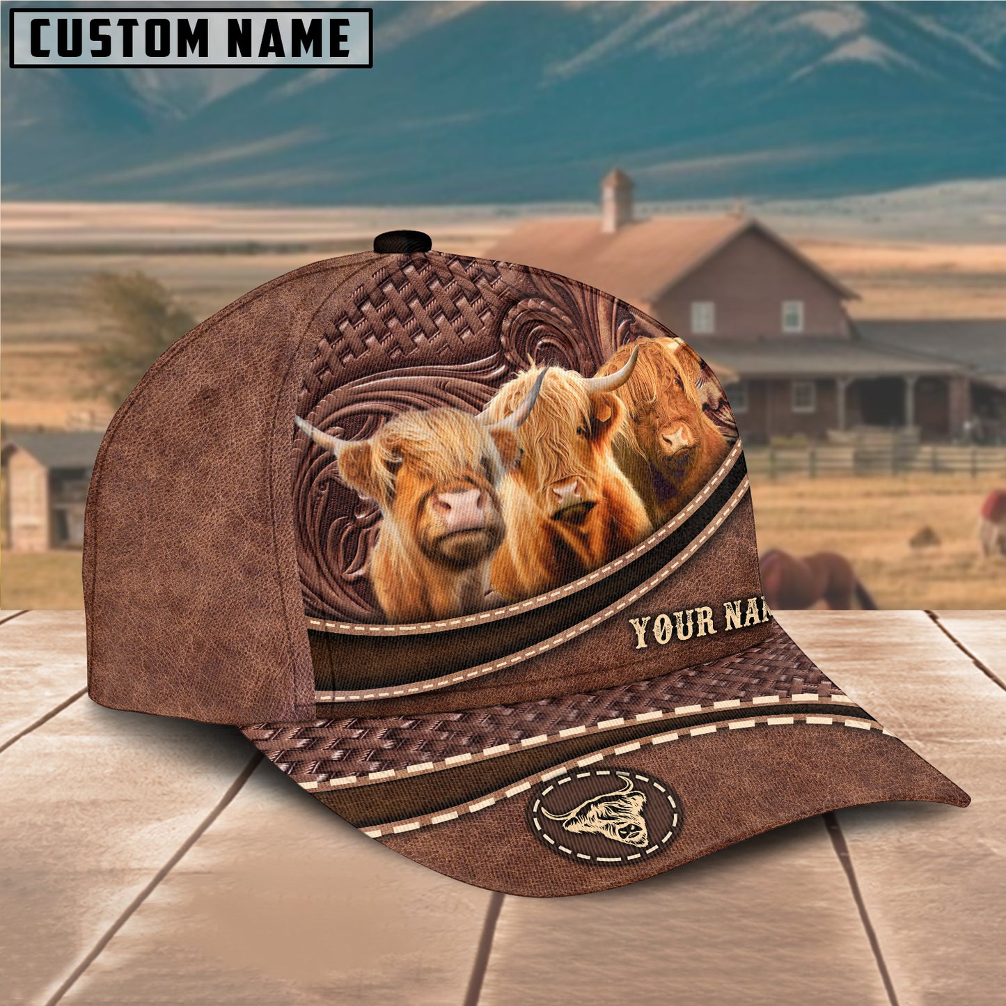 Novacare Highland Cattle Personalized Name Brown Carving Leather Pattern 3D Classic Cap