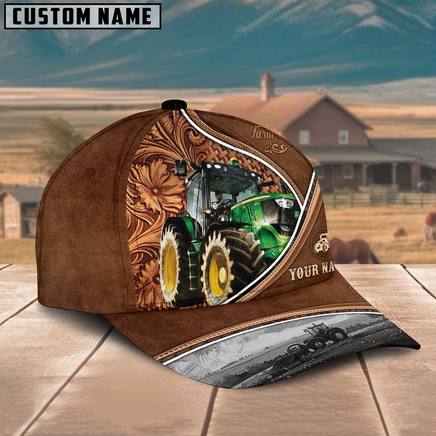 Novacare John Deere Tractor Personalized Name Brown Carving Leather Pattern 3D Classic Cap