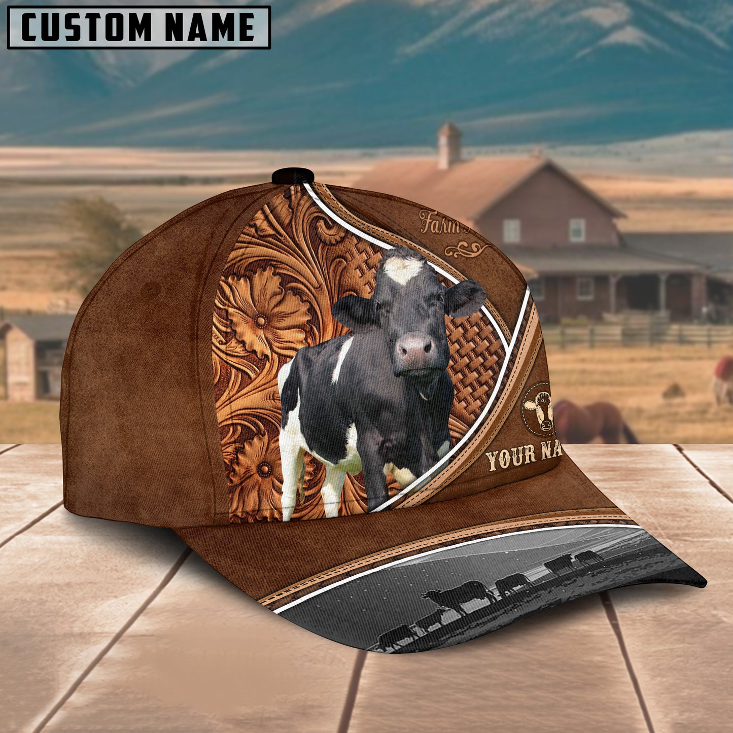 Novacare Holstein Personalized Farm Name Brown Carving Leather Pattern 3D Classic Cap