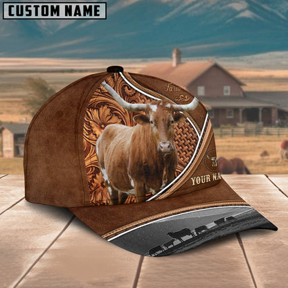 Novacare Texas Longhorn Personalized Farm Name Brown Carving Leather Pattern 3D Classic Cap