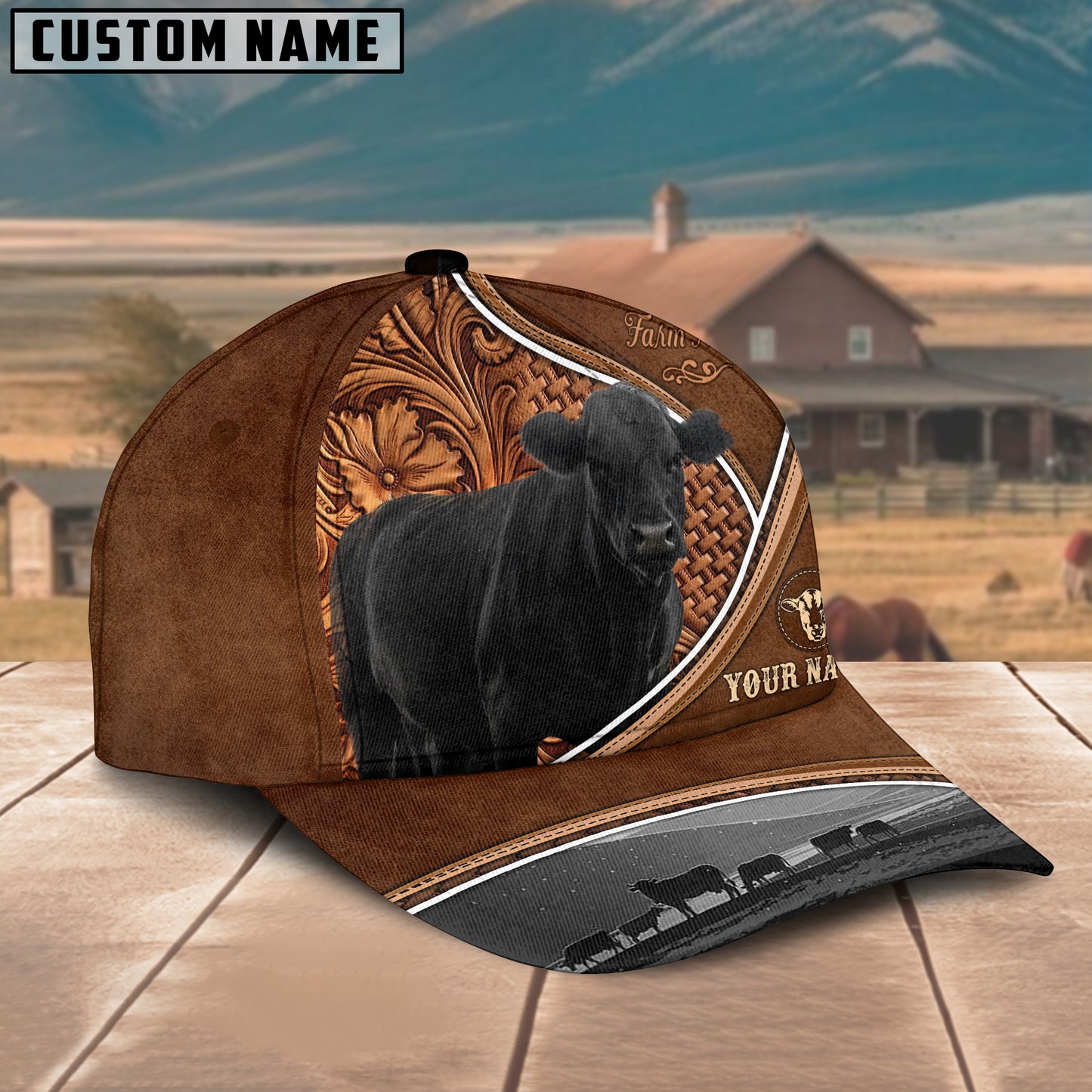 Novacare Black Angus Personalized Farm Name Brown Carving Leather Pattern 3D Classic Cap