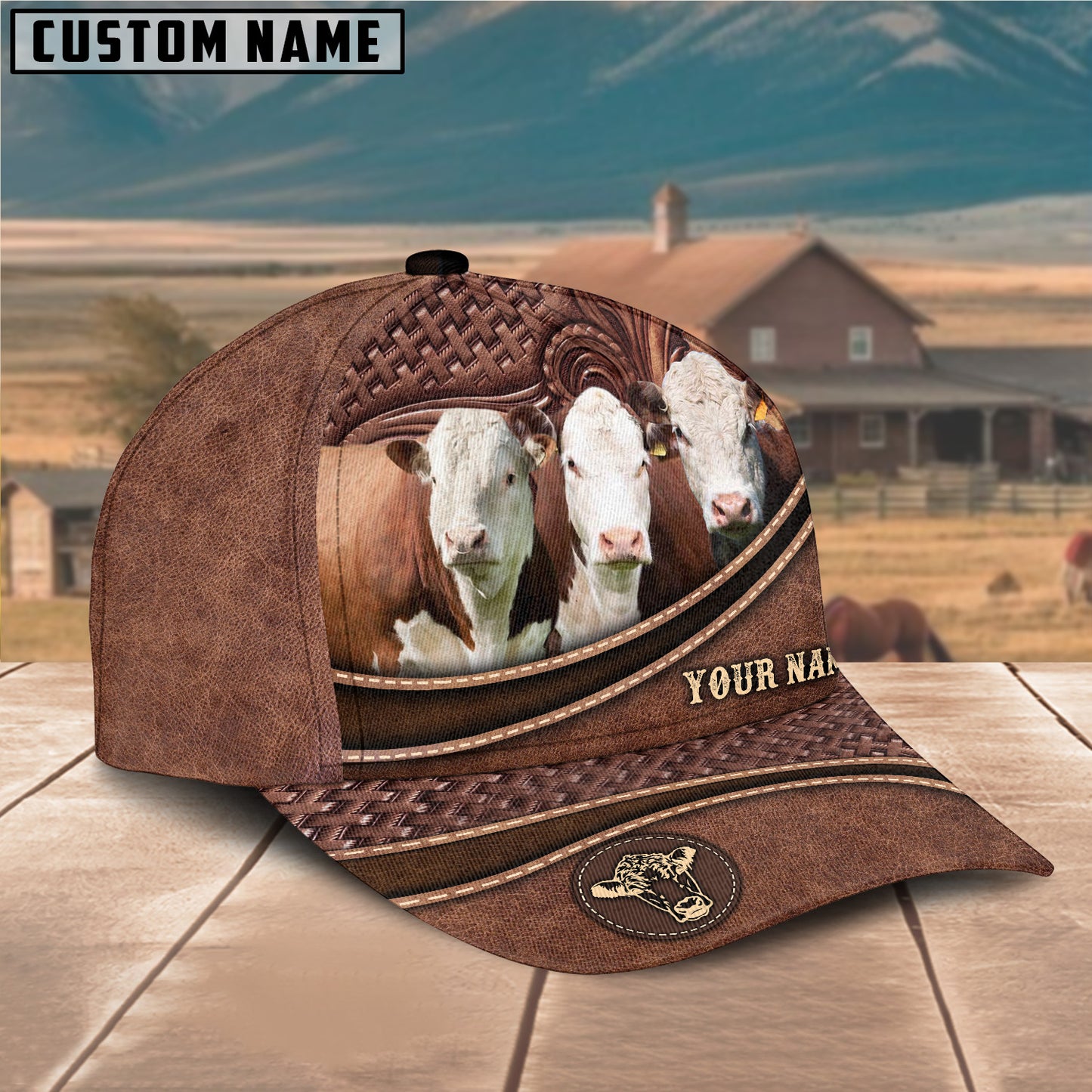 Novacare Hereford Cattle Personalized Name Brown Carving Leather Pattern 3D Classic Cap