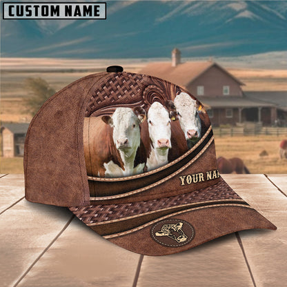 Novacare Hereford Cattle Personalized Name Brown Carving Leather Pattern 3D Classic Cap