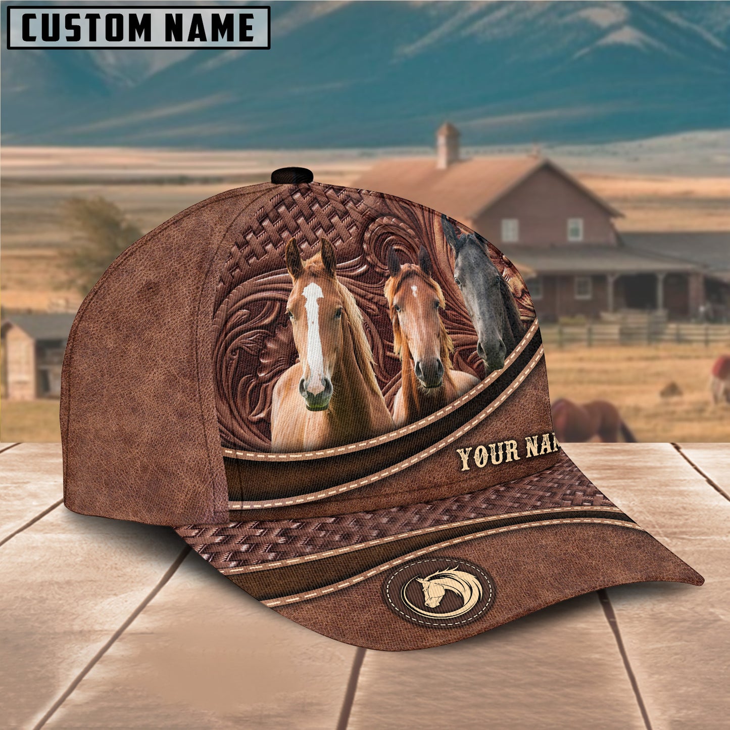Novacare Horse Personalized Name Brown Carving Leather Pattern 3D Classic Cap