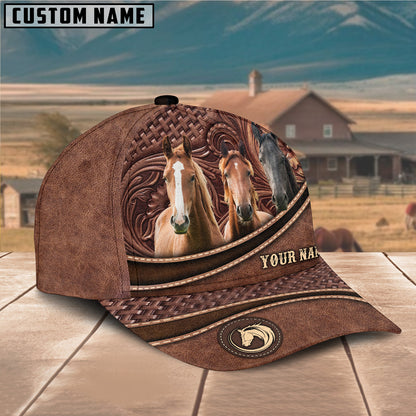 Novacare Horse Personalized Name Brown Carving Leather Pattern 3D Classic Cap