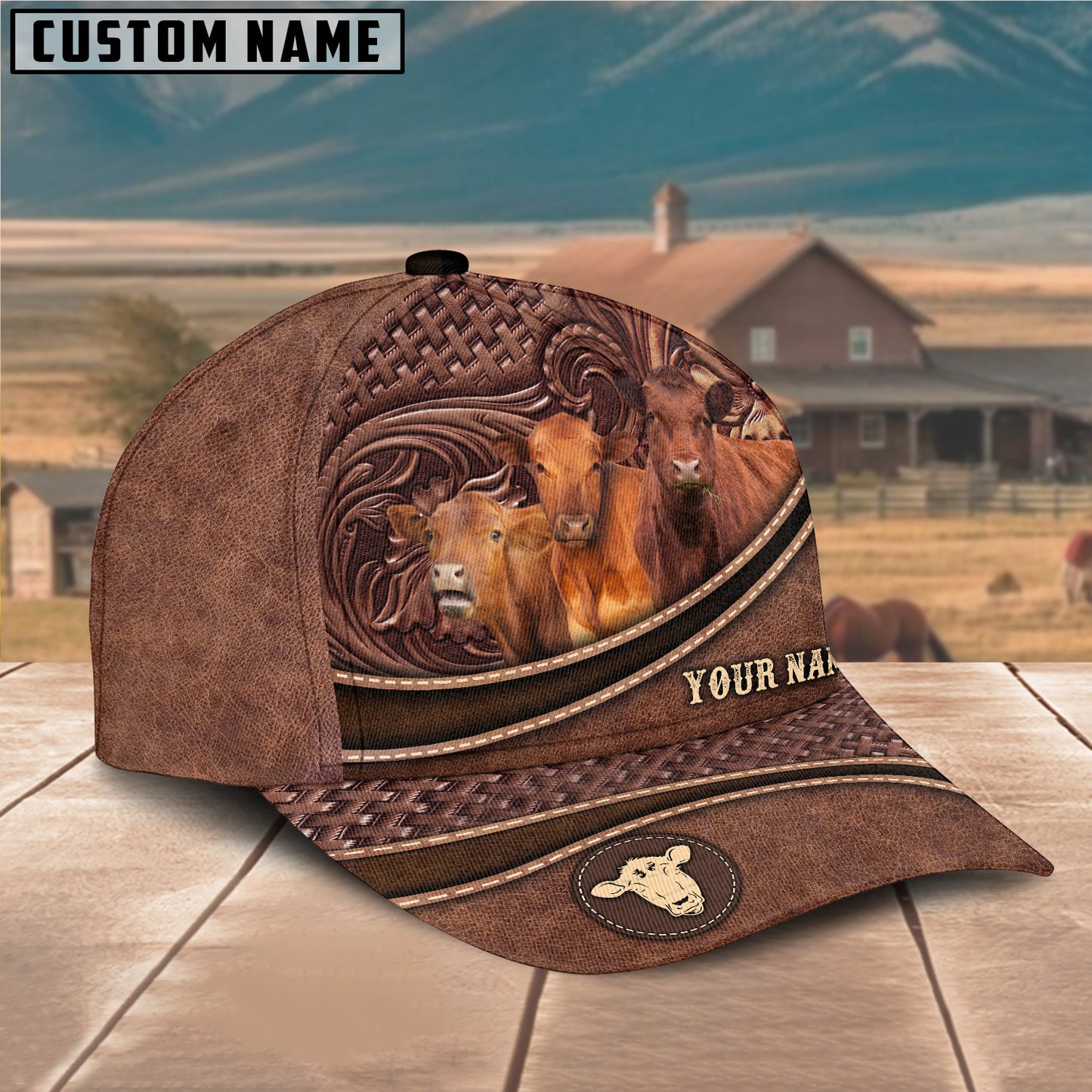 Novacare Red Angus Personalized Name Brown Carving Leather Pattern 3D Classic Cap
