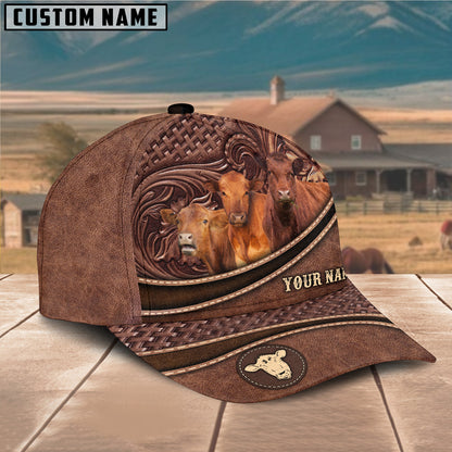 Novacare Red Angus Personalized Name Brown Carving Leather Pattern 3D Classic Cap