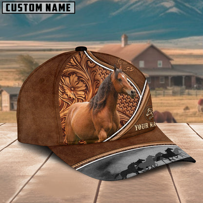 Novacare Horse Personalized Farm Name Brown Carving Leather Pattern 3D Classic Cap